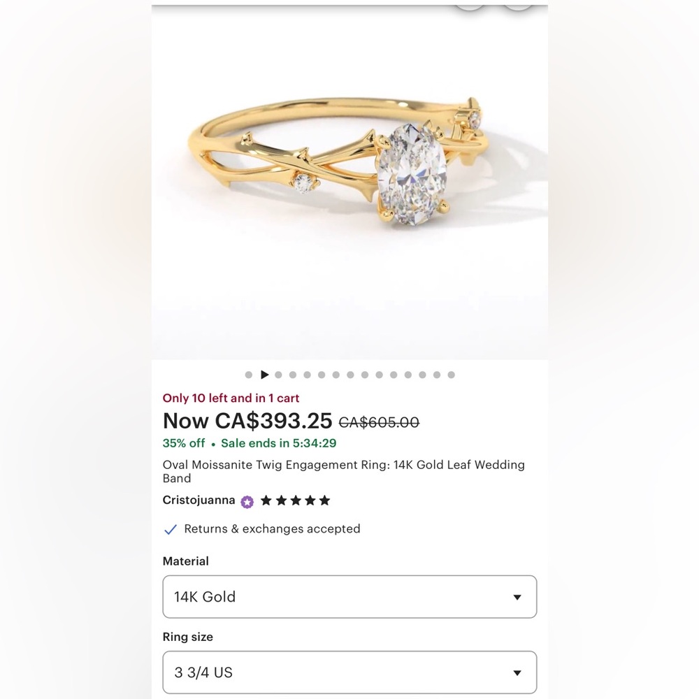 Engagement ring oval moissanite 14K gold leaf SIZE: 3 3/4 US 💛